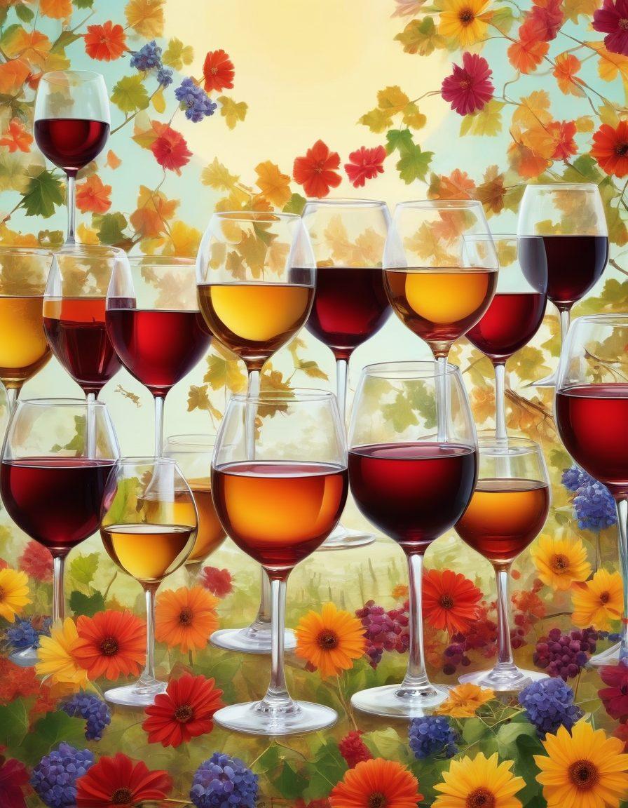 A vibrant, colorful collage of wine glasses from different countries, each representing a unique culture. Surround the glasses with symbols of traditional celebrations from various regions, such as flowers, food, and music notes. Include a diverse group of people joyfully clinking their glasses together in a toast, showcasing warmth and affection. The setting is a sunlit vineyard, blending natural beauty with cultural richness. bright colors. 3D effect. festive atmosphere.