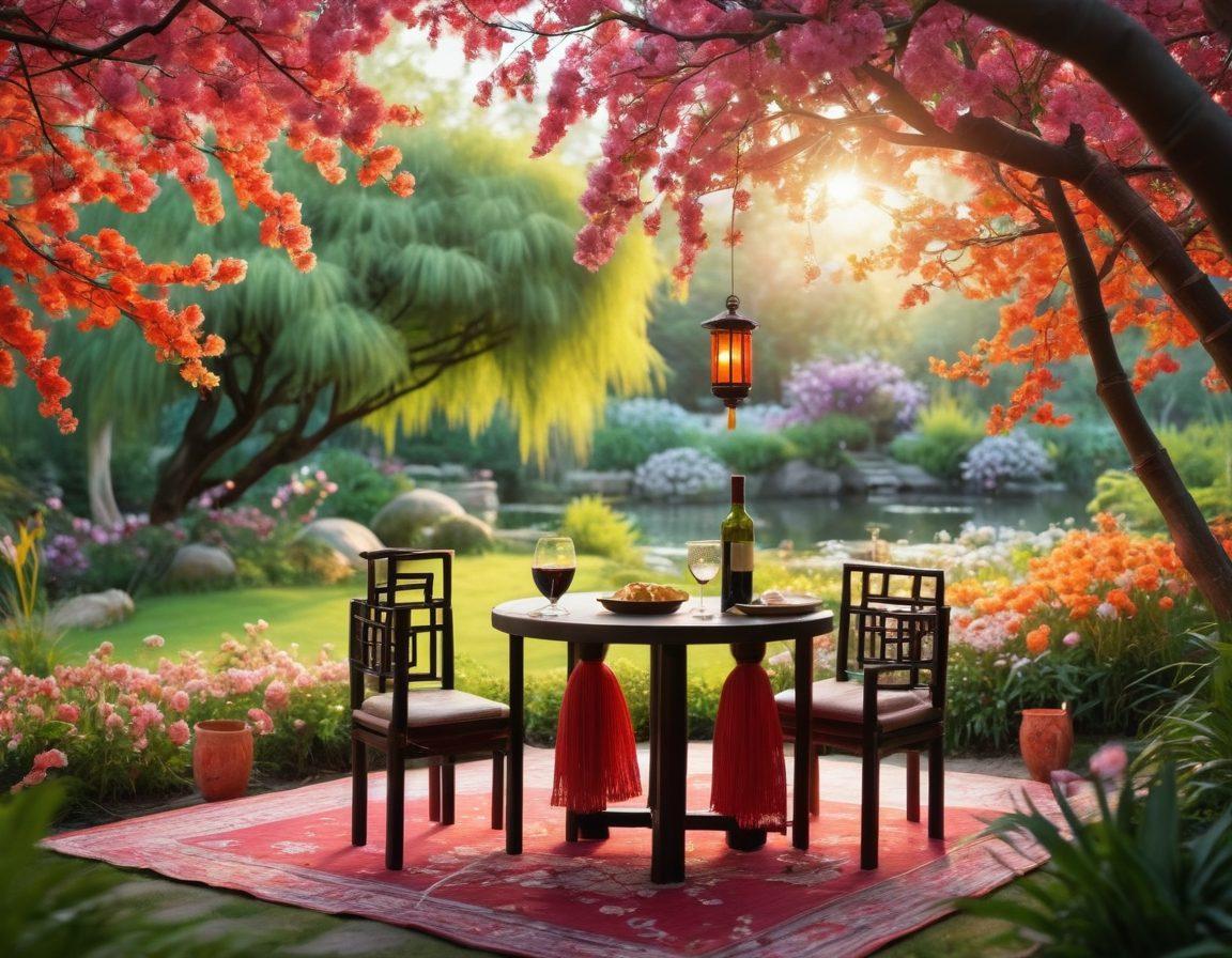 A romantic picnic scene set in a lush Asian garden, featuring two glasses of wine clinking together, surrounded by colorful flowers and a traditional Asian lantern softly glowing. In the background, silhouettes of a couple enjoying each other's company, with cultural elements like cherry blossoms and bamboo. The atmosphere should exude warmth and elegance illustrating wine, romance, and cultural connection. vibrant colors. super-realistic. warm lighting.