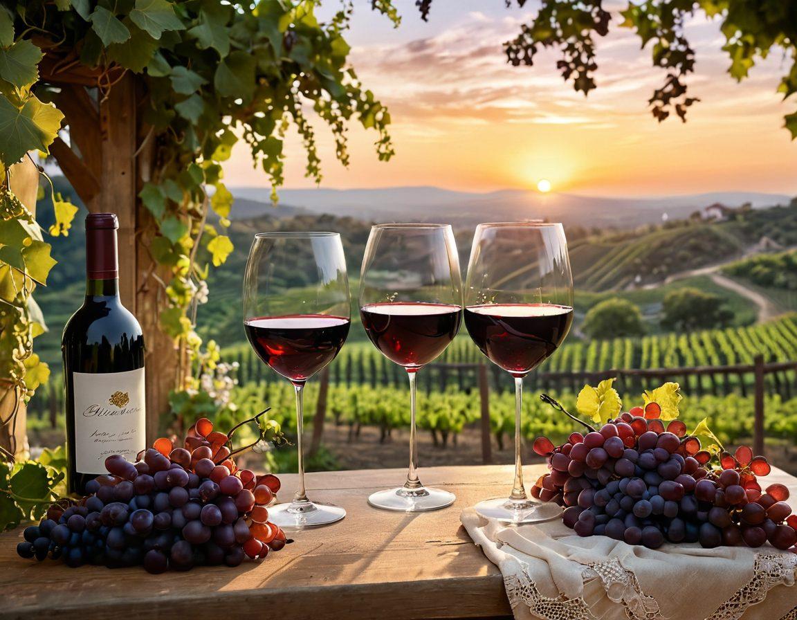 A romantic vineyard landscape at sunset, featuring two glasses of red wine clinking together in the foreground. Delicate floral arrangements and grapevines intertwine, symbolizing connections. Soft golden light bathes the scene, evoking warmth and intimacy. Couples in the background sharing laughter, celebrating love amidst lush greenery. dreamy and ethereal. vibrant colors. 3D.